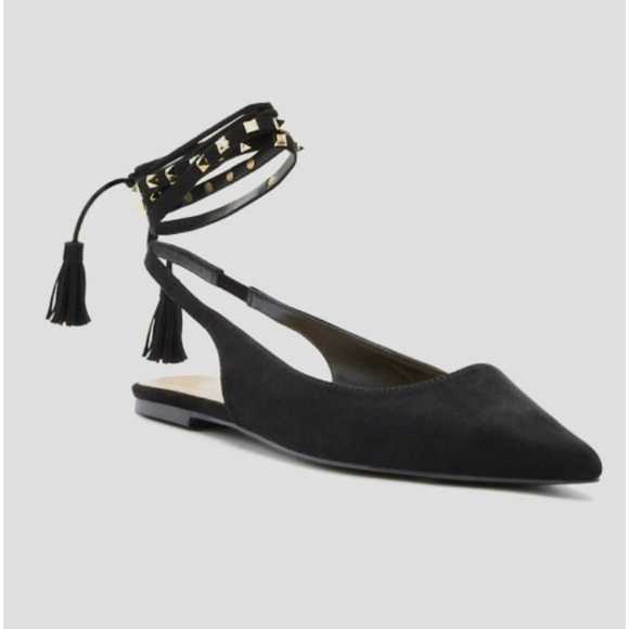 JustFab Shoes - Just fab‎ Studded Ankle Wrap Pointed Toe Slingback Flats, Black, Size Unknown